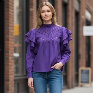 🌻Cream Violet Crliselin Prairie Core Ruffle High Neck Blouse Size 36 Small